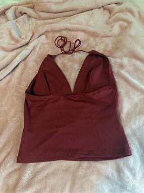 Source Unknown Burgundy Halter V-Neck Crop Tank